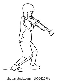 Boy blowing into a trumpet against white background. Continuous line drawing. Isolated on the white background. Vector monochrome, drawing by lines. sketch