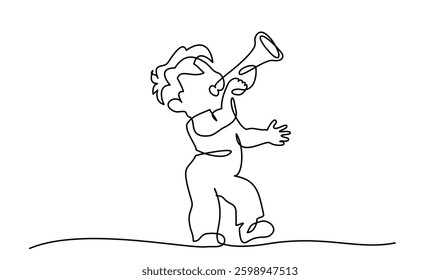 Boy blowing into trumpet. Continuous one line drawing. Isolated on the white background. Vector monochrome, drawing by lines. sketch