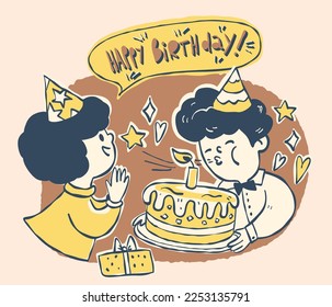 Der Junge bläst die Kerze auf den Kuchen aus. Geburtstag.  Vektorgrafik im Cartoon-Stil.