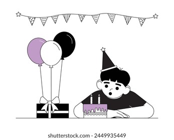 Boy blows out candles at his simple birthday party, vector illustration.