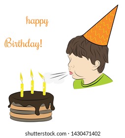 boy blows out the candles on the cake. happy Birthday! vector illustration.