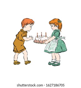 Boy blows out the candles on the cake that the red-haired girl baked. Children birthday. Twins brother and sister standing together. 