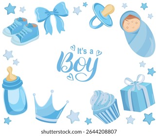 It's a boy blue background with cute baby elements, perfect for baby shower card, birth announcement, or invitation for newborn celebration