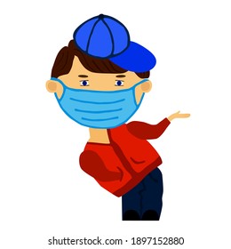 Boy in blue cap, college red Jacket leaned on side in medicine mask. Vector illustration young, casual man. Emoji cool outlined portrait. Vector sick boy in a blue baseball cap shows a hand gesture