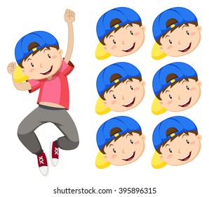 Niño con capucha azul y muchas expresiones se enfrentan a la ilustración