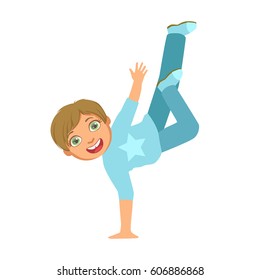 Boy In Blue Dancing Breakdance Performing On Stage, School Showcase Participant With Musical Artistic Talent