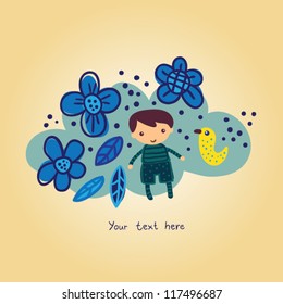boy and blue flowers background