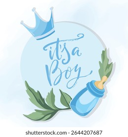 It's a boy blue frame with baby shower theme, cute flat illustrations, green leaves and crown, perfect for greeting cards, invitations, and birth announcements