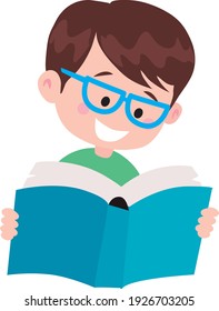 boy with blue glasses reads a book