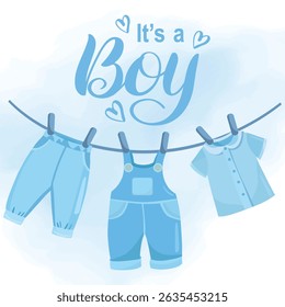 É um cartão azul de saudação para anúncio de bebê com roupas de recém-nascido, ideal para convites, revelação de nascimento e temas de chá de bebê