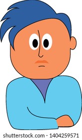 A boy with blue hair, with big eyes, frowning, wearing blue long sleeves, vector, color drawing or illustration. 