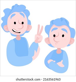 Boy with blue hair cheerful and sad