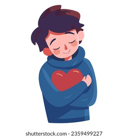 boy in blue hoodie. man hugging a heart. self love. love yourself.