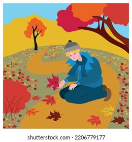 A boy in a blue jacket collects fallen maple leaves on the ground. Vector