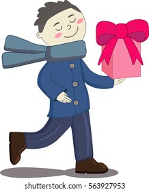 boy in blue jacket with pink present gift running cartoon
