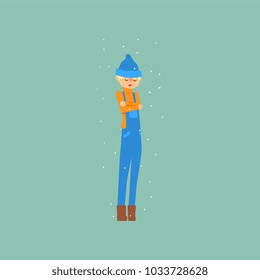 Boy in blue overalls and a hat freezing and shivering on winter cold vector Illustration