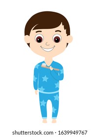 A boy in blue pajamas with asterisks brushes his teeth with a toothbrush made of natural materials. The boy has brown hair and large brown eyes, he stands at full height and smiles. Cartoon style.
