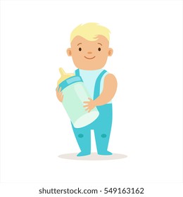Boy In Blue Pants Standing With Milk Bottle, Adorable Smiling Baby Cartoon Character Every Day Situation