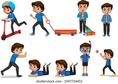Boy in blue shirt doing different activities illustration