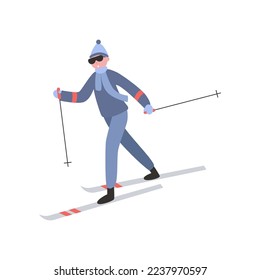 Niño con traje azul esquiando ilustración vectorial. Niño feliz con traje deportivo colorido haciendo actividad física ilustración vectorial plana sobre fondo blanco. Concepto de deportes de invierno