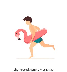 Boy In Blue Swim Shorts Runs To The Beach Or Pool With An Inflatable Flamingo. Funny Kid Isolated On White Background. Illustration In Flat Cartoon Style Can Be Used For Summer Design, Posters, Banner