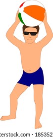 boy in blue swimming trunks and sunglasses holds a large inflatable ball over his head vector on a white background isolated