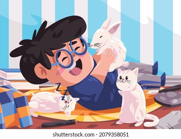 Boy with blue t shirt is sitting in sofa and playing with his pets white rabbits modern cartoon flat blue color isolated background vector illustration
