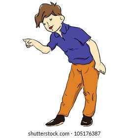The boy in blue T-shirt shows the direction of the finger. Vector illustration.