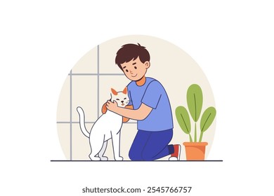 Chico en el gato blanco del abrazo del desgaste azul