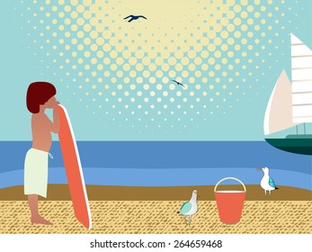 Boy with board waiting for a wave on the beach 