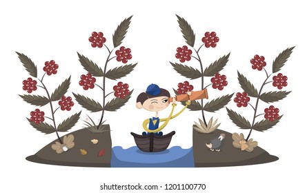 Boy in a boat observing rowan in a spyglass between to banks of a river with leaves, mushrooms, grass and a hedgehog. White background. Flat cartoon style vector illustration.