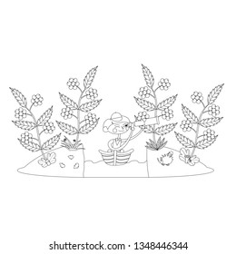 Boy in a boat observing rowan in a spyglass between two banks of a river with leaves, mushrooms, grass, a hedgehog. Black and white elements for a colouring book. Cartoon style illustration. Vector.