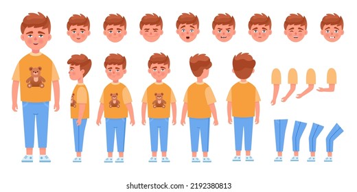 Boy Body Animation. Child Animated Expressions, Children Pose Creation Speaking Kid Character Constructor Face Emotion Body Parts Action Kit, Cartoon Neoteric Vector Illustration Of Body Male