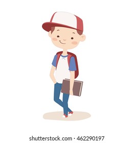 A boy with a book and a backpack. The student is to learn.