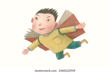 Boy and book . children and education concept. watercolor cartoon.