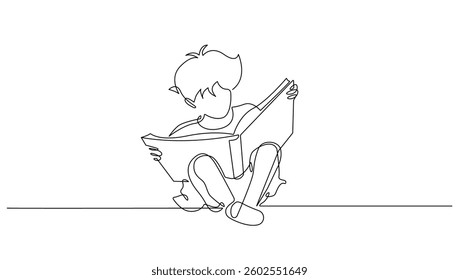 Boy with Book Continuous Line Drawing. Little Boy Reading Minimalist Portrait in Continuous One Line Style. Child Holds a Book Graphic Sketch Artwork Vector Illustration. Not AI