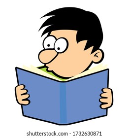 Boy with book, funny vector illustration