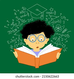 Boy with a book in his hands surrounded by icons. Education concept. Student boy. Hand drawn illustration