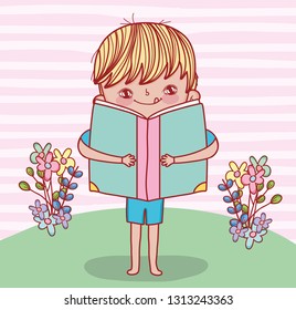 boy with book information and flowers plants