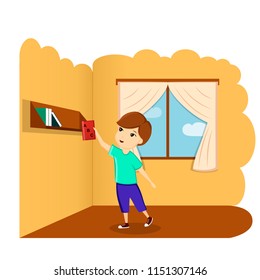 Boy with book in room, illustration, vector. A child with a book. First day of school, back to school