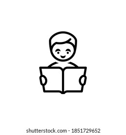 Niño con un ícono vector de libros para, freelance, educación en línea, negocios, sitios web de trabajo distantes, aplicaciones, etc. Hombre leyendo un libro aislado en fondo blanco. Trabajar y estudiar en casa. Arte de línea.
