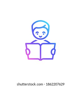 Boy with a book vector icon for freelance, online education, business, distant work. Trendy vibrant color gradient. Smiling man reading a book isolated on white background. Working, studying at home