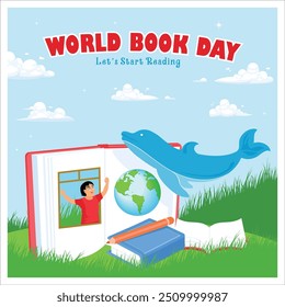 The boy in the book waves at the flying whale. Children's imagination in telling stories. World Book Day concept. Flat vector illustration.