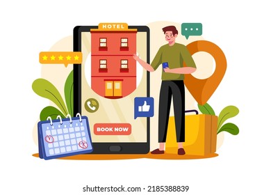 Boy booking hotel Illustration concept on white background