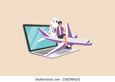 Boy booking plane tickets online via laptop. Online ticket concept. Colored flat cartoon vector illustration.