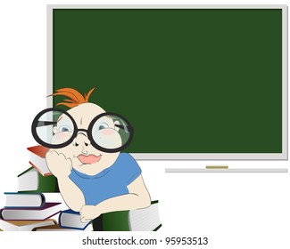 Boy with books and blackboard behind him