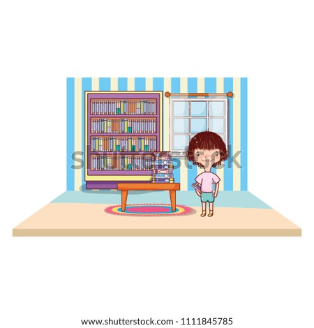 boy with books organized in the bookcase and table