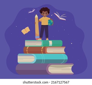 Junge mit Büchern und Bleistift, Design