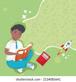 boy with books and rocket