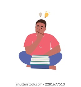 Boy with books think solution, Puzzled confused person with concept questions in mind after read book. Man thinking, doubting, making choice, solving problem, Flat vector illustration 